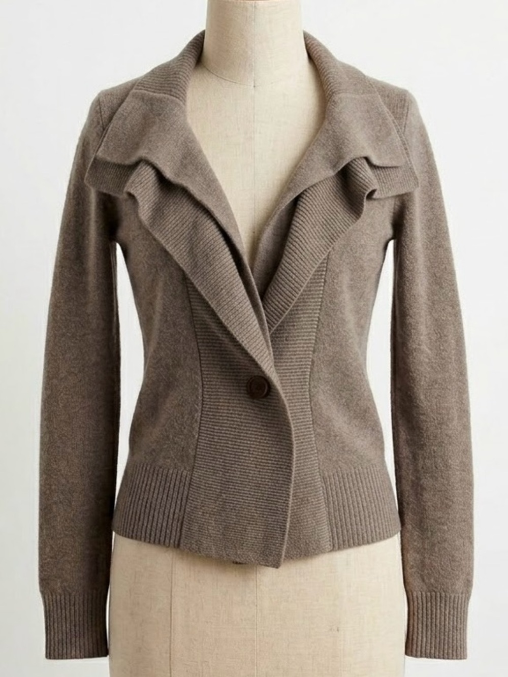 RARE Vintage J.Crew Sample "Elette" - 100% Cashmere Taupe Ruffle Cardigan
